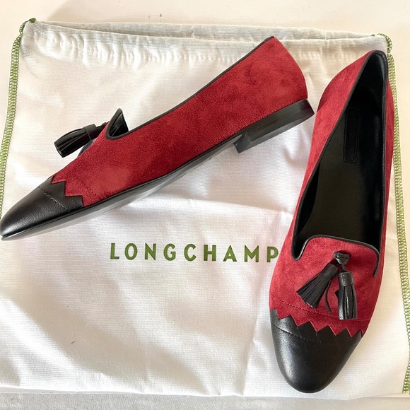 Longchamp Le Pliage Cuir Cody Moccasin 40 Black Red Suede Leather $445 dust bag